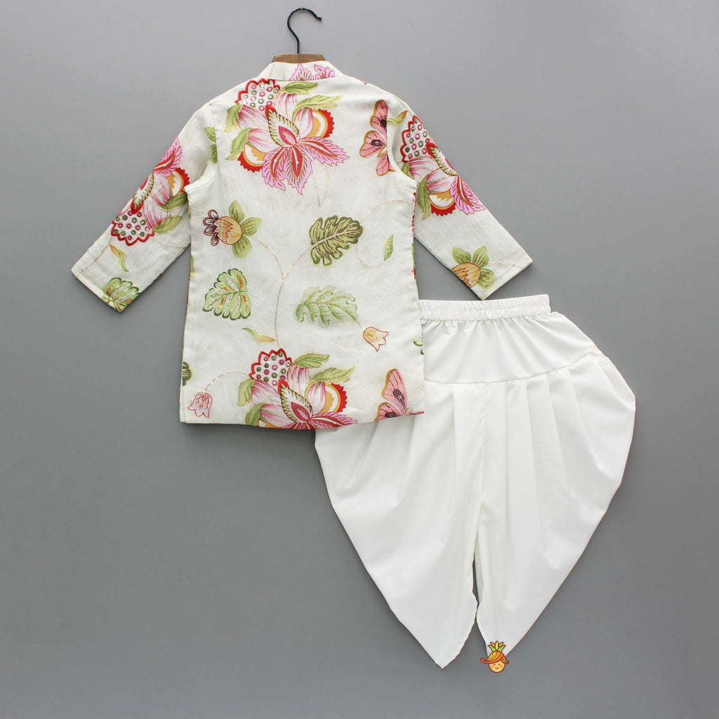 Pre Order: Ivory Floral Embroidered Organza Kurta With Dhoti