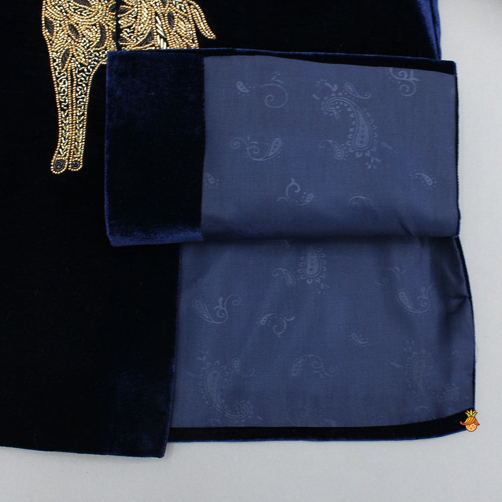 Stylish Cut Dana And Beads Embroidered Velvet Sherwani With Pyjama