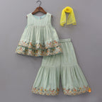 Pre Order: Layered Shimmery Kurti And Sharara With Contrasting Dupatta