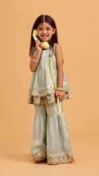 Pre Order: Layered Shimmery Kurti And Sharara With Contrasting Dupatta