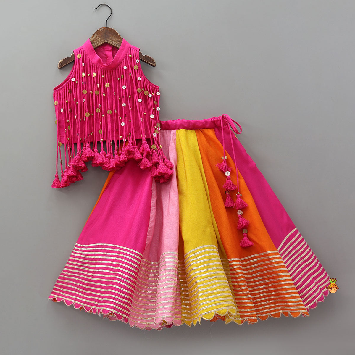 Pre Order: Multiple Hanging Tassel Detail Crop Top And Colourful Lehenga
