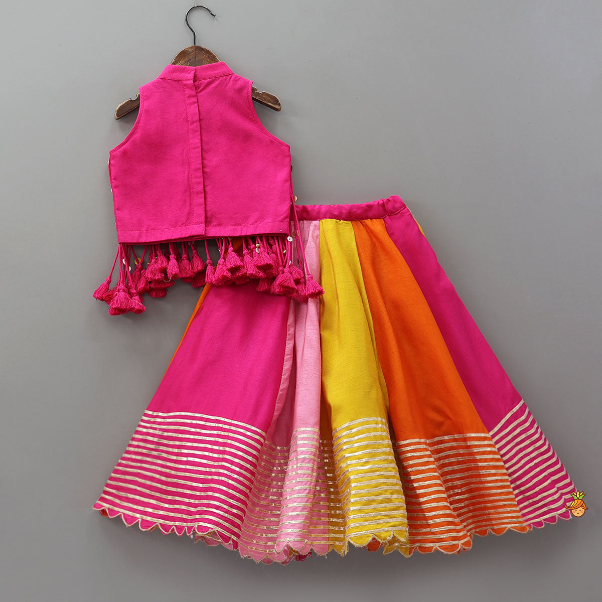 Pre Order: Multiple Hanging Tassel Detail Crop Top And Colourful Lehenga