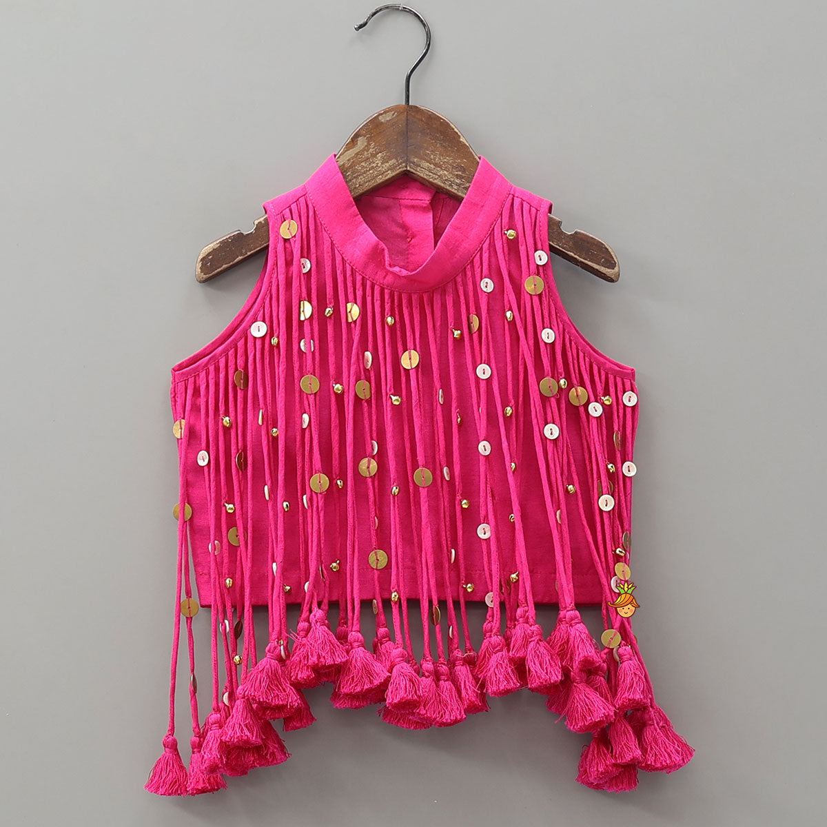 Pre Order: Multiple Hanging Tassel Detail Crop Top And Colourful Lehenga