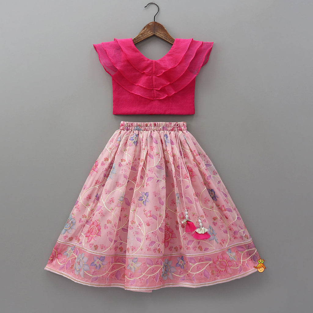 Ruffle Layered Top With Contrasting Printed Lehenga