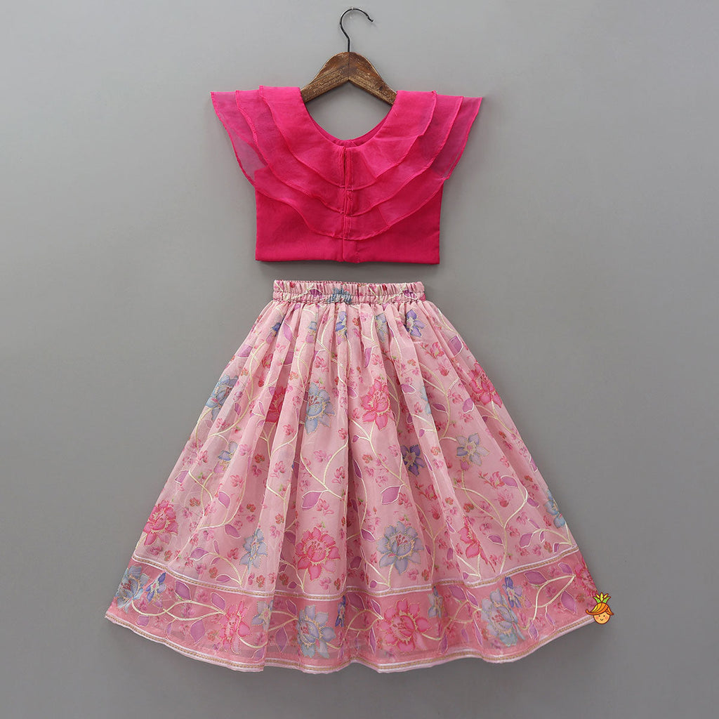 Ruffle Layered Top With Contrasting Printed Lehenga