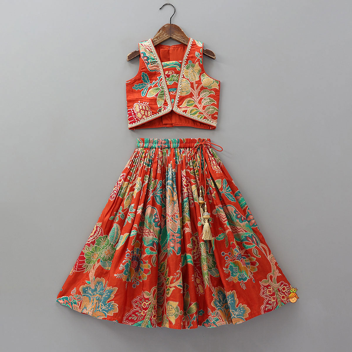 Pleated Yoke Printed Top And Lehenga With Matching Dupatta
