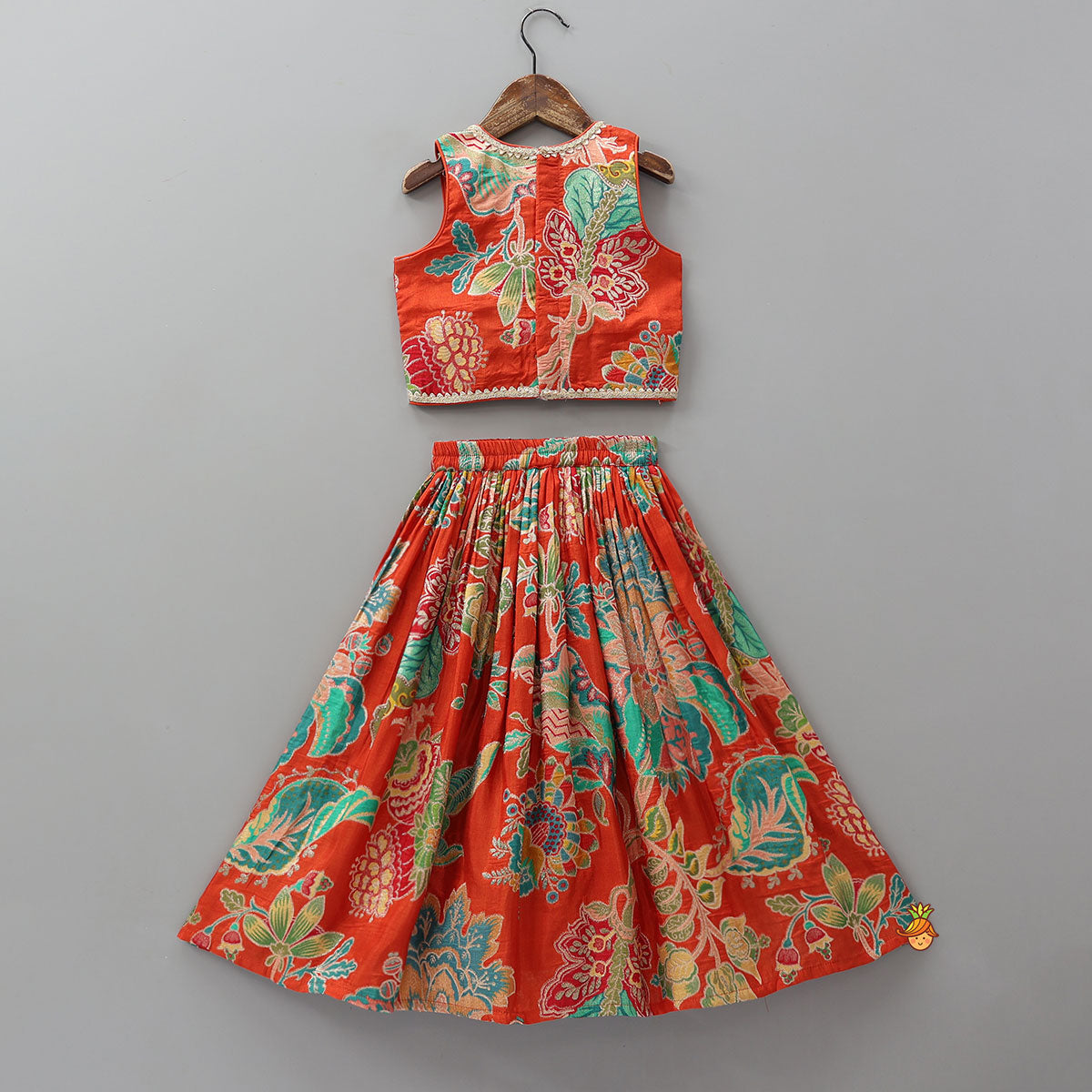 Pleated Yoke Printed Top And Lehenga With Matching Dupatta