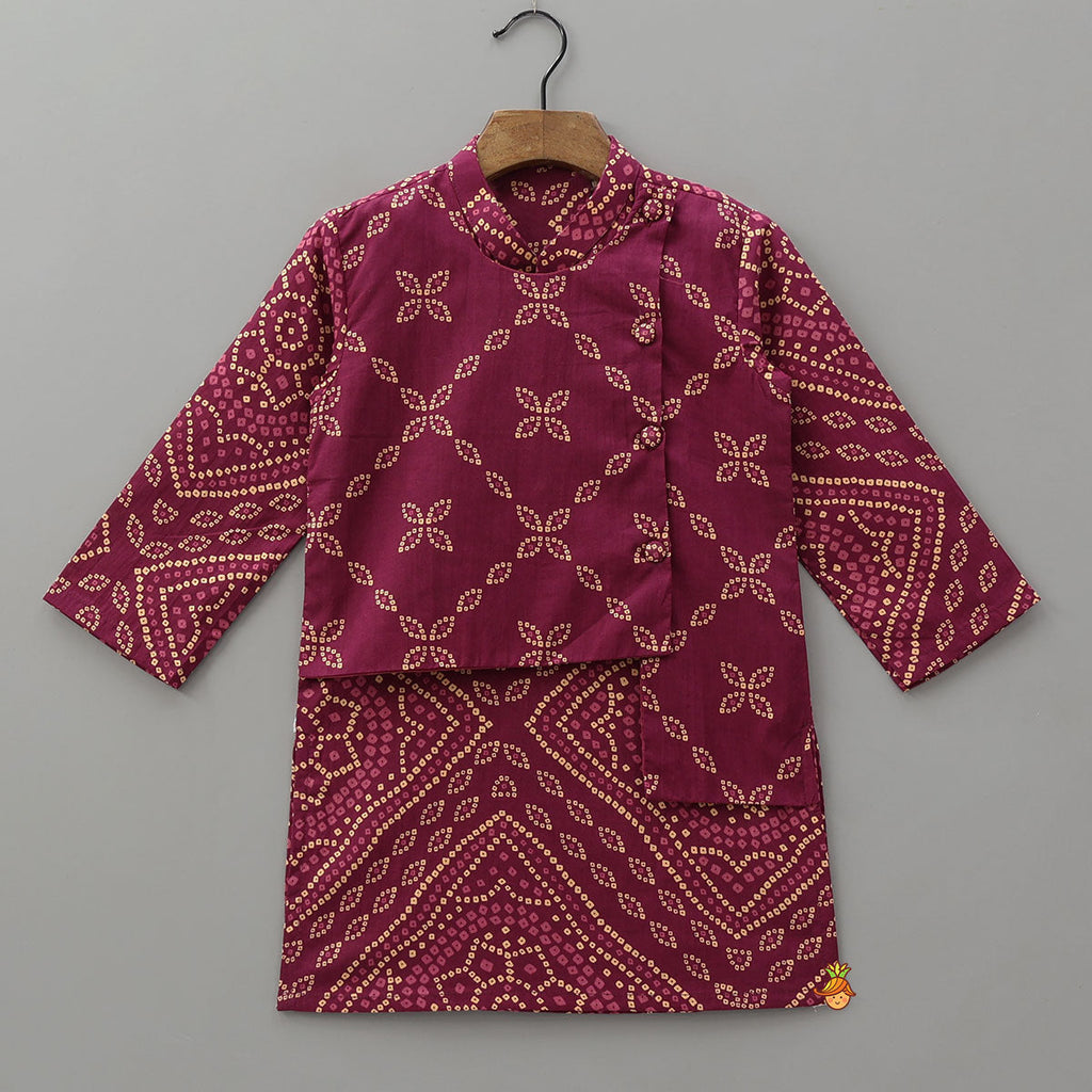 Bandhani Inspired Print Kurta With Attached Asymmetric Jacket And Pyjama