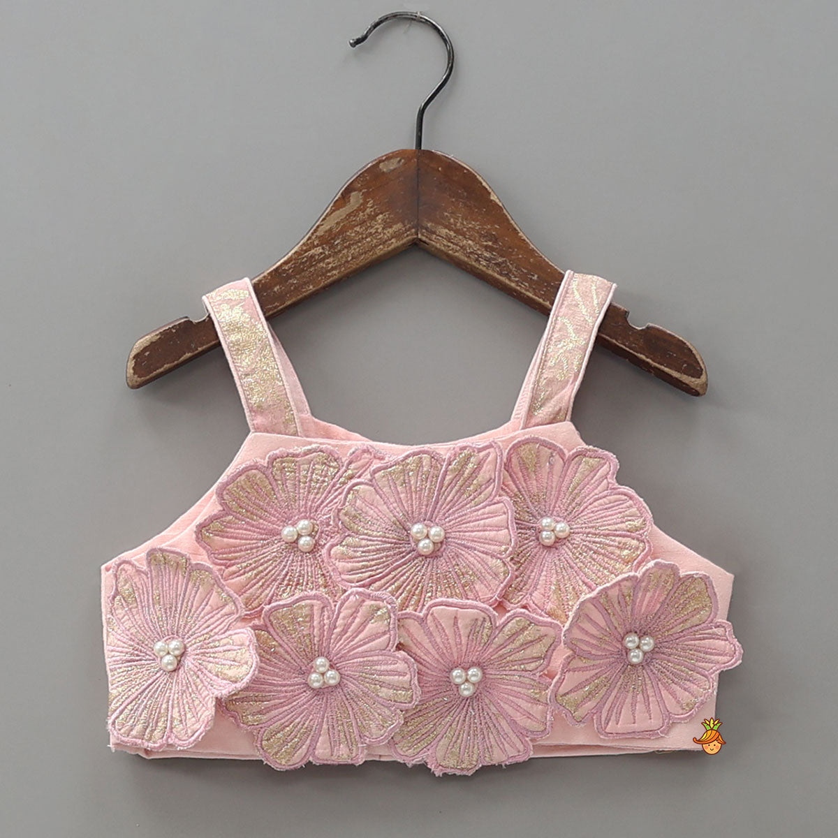Floral Applique Strappy Crop Top And Lehenga With Net Dupatta