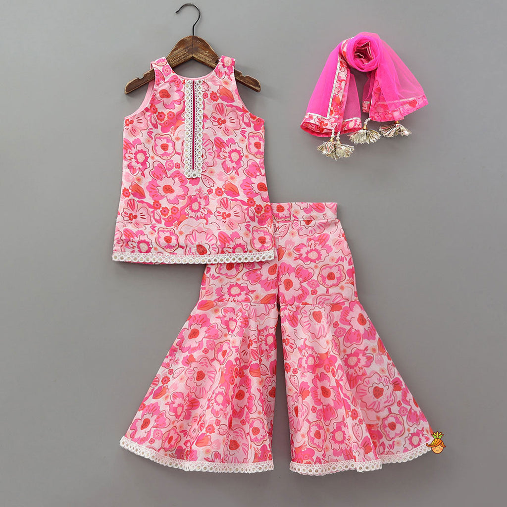 Pre Order: Elegant Floral Printed Kurti And Matching Sharara With Dupatta
