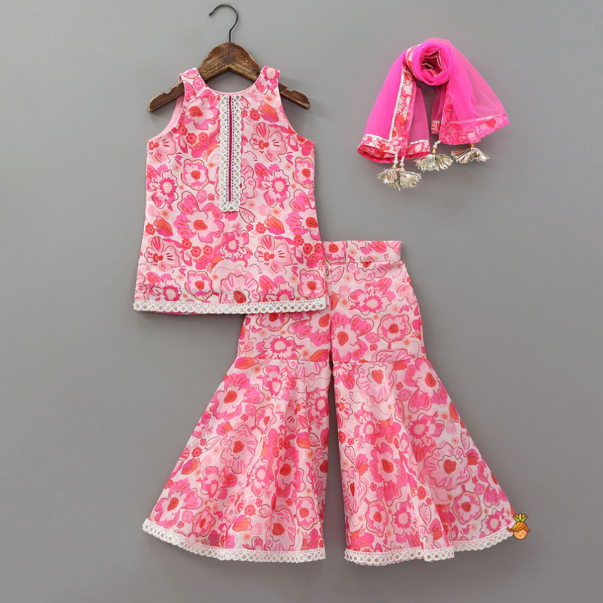 Pre Order: Elegant Floral Printed Kurti And Matching Sharara With Dupatta