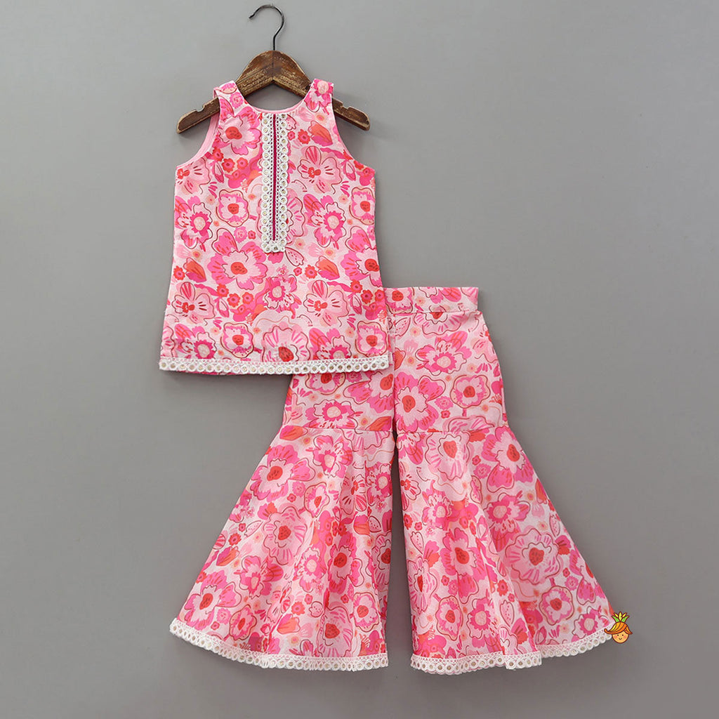 Pre Order: Elegant Floral Printed Kurti And Matching Sharara With Dupatta