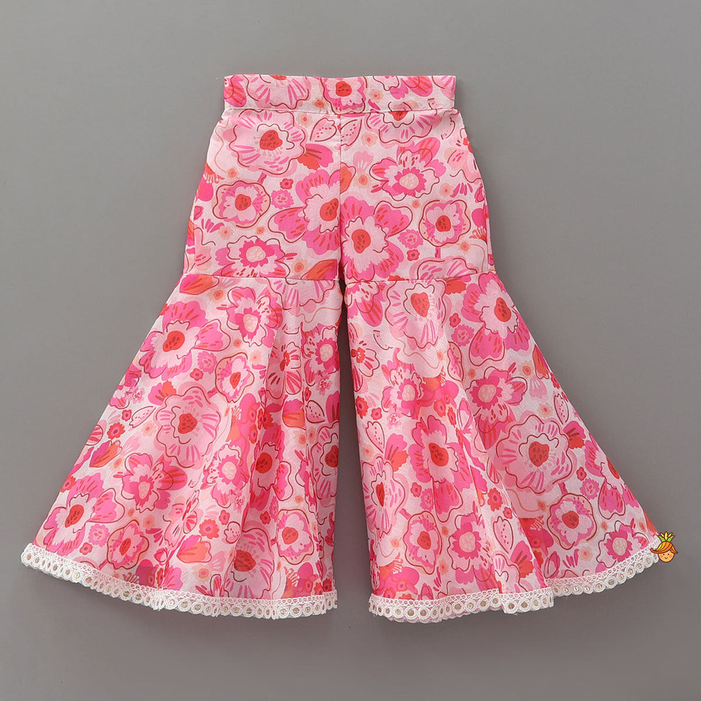 Pre Order: Elegant Floral Printed Kurti And Matching Sharara With Dupatta