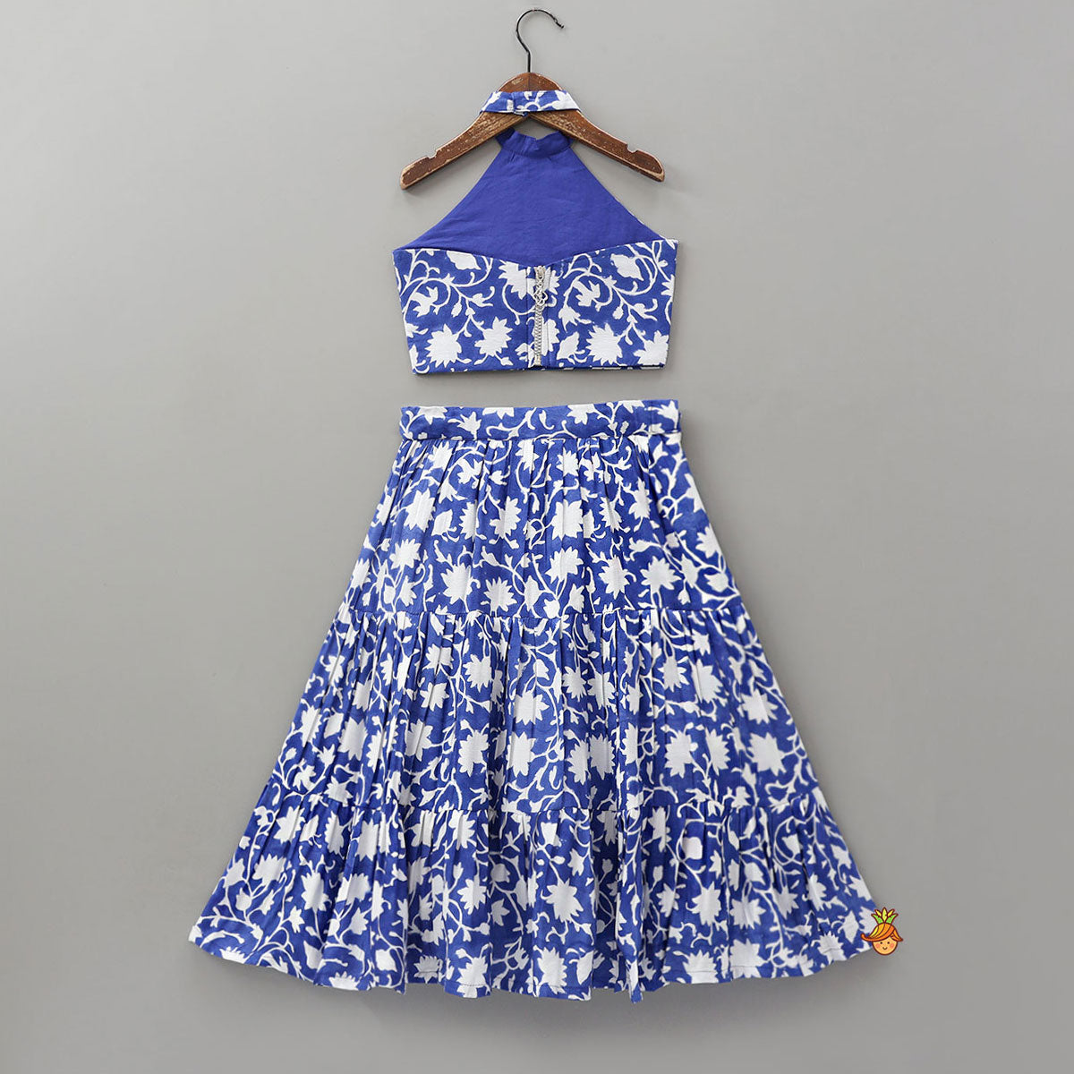 Pre Order: Halter Neck Printed Crop Top And Tiered Lehenga With Dupatta