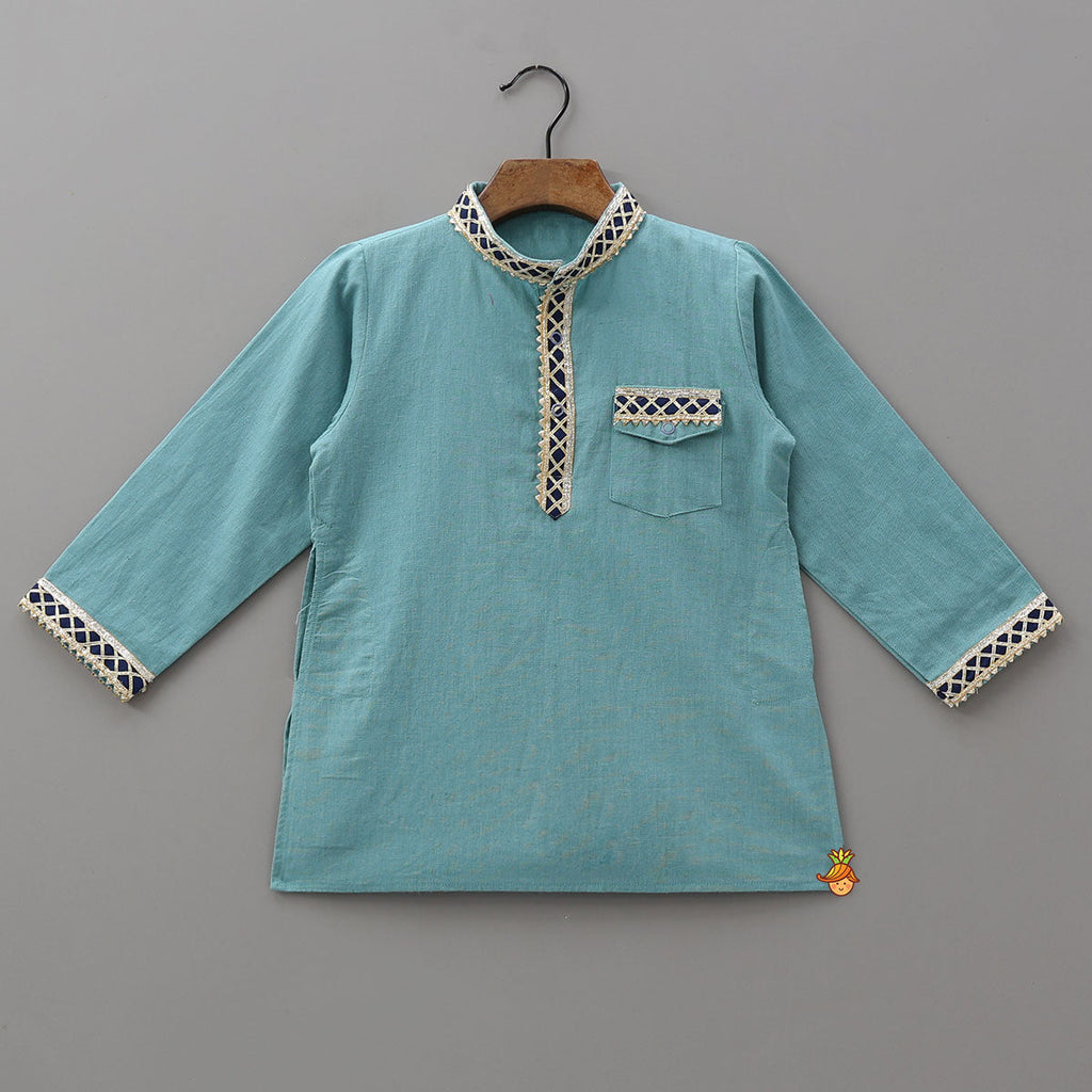 Pre Order: Patch Pocket Lace Detailed Kurta With Striped Dhoti