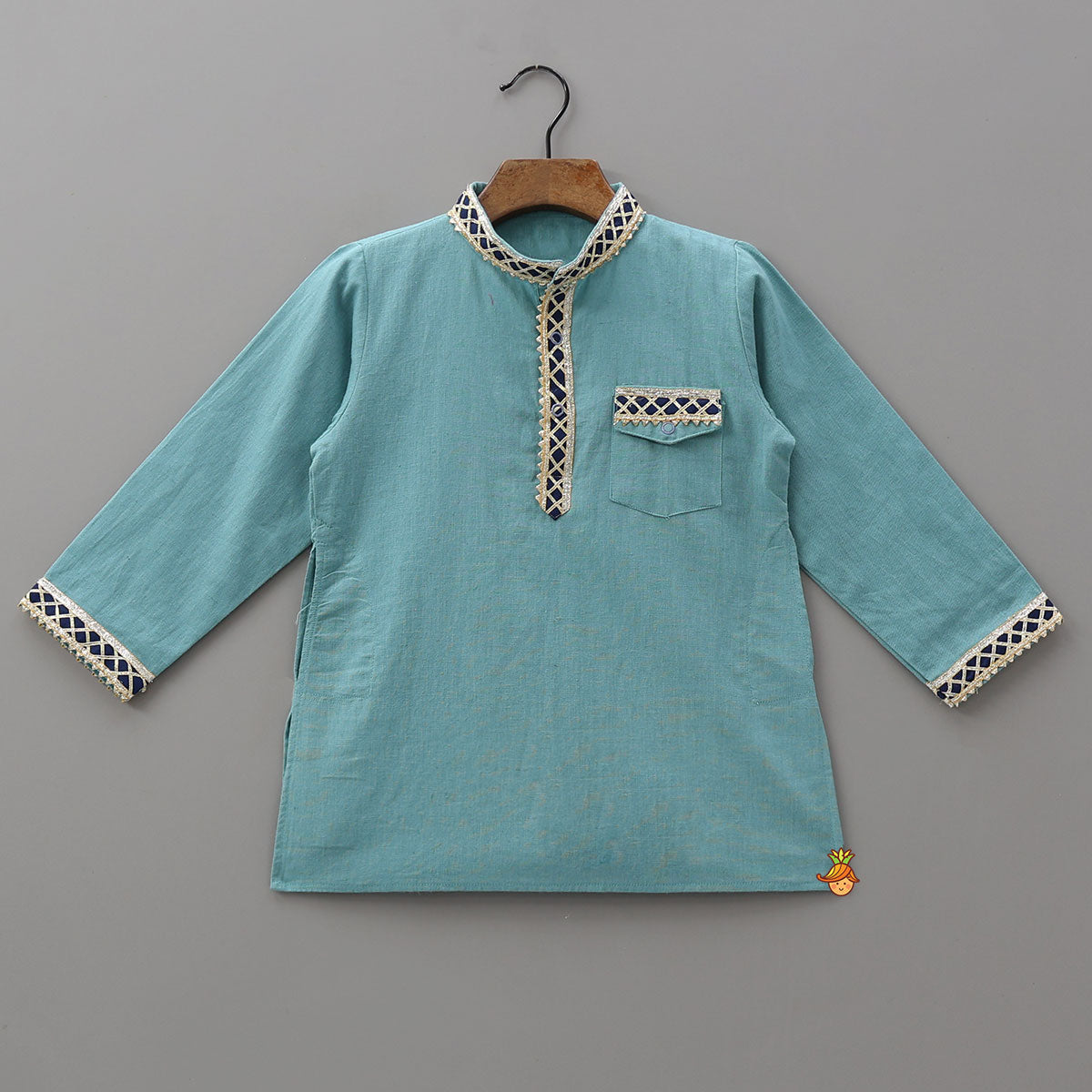 Pre Order: Patch Pocket Lace Detailed Kurta With Striped Dhoti