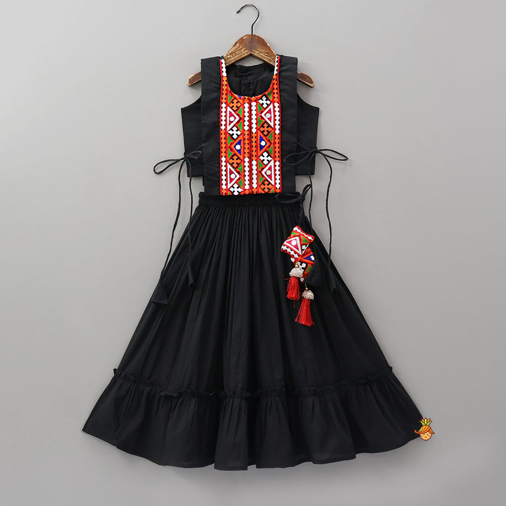 Pre Order: Top With Embroidered Overlay Cape And Tassel Detailed Flared Lehenga