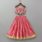 Pre Order: Geometric Mirror Embellished Top With Leheriya Printed Lehenga