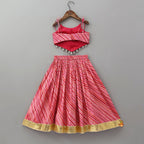 Pre Order: Geometric Mirror Embellished Top With Leheriya Printed Lehenga