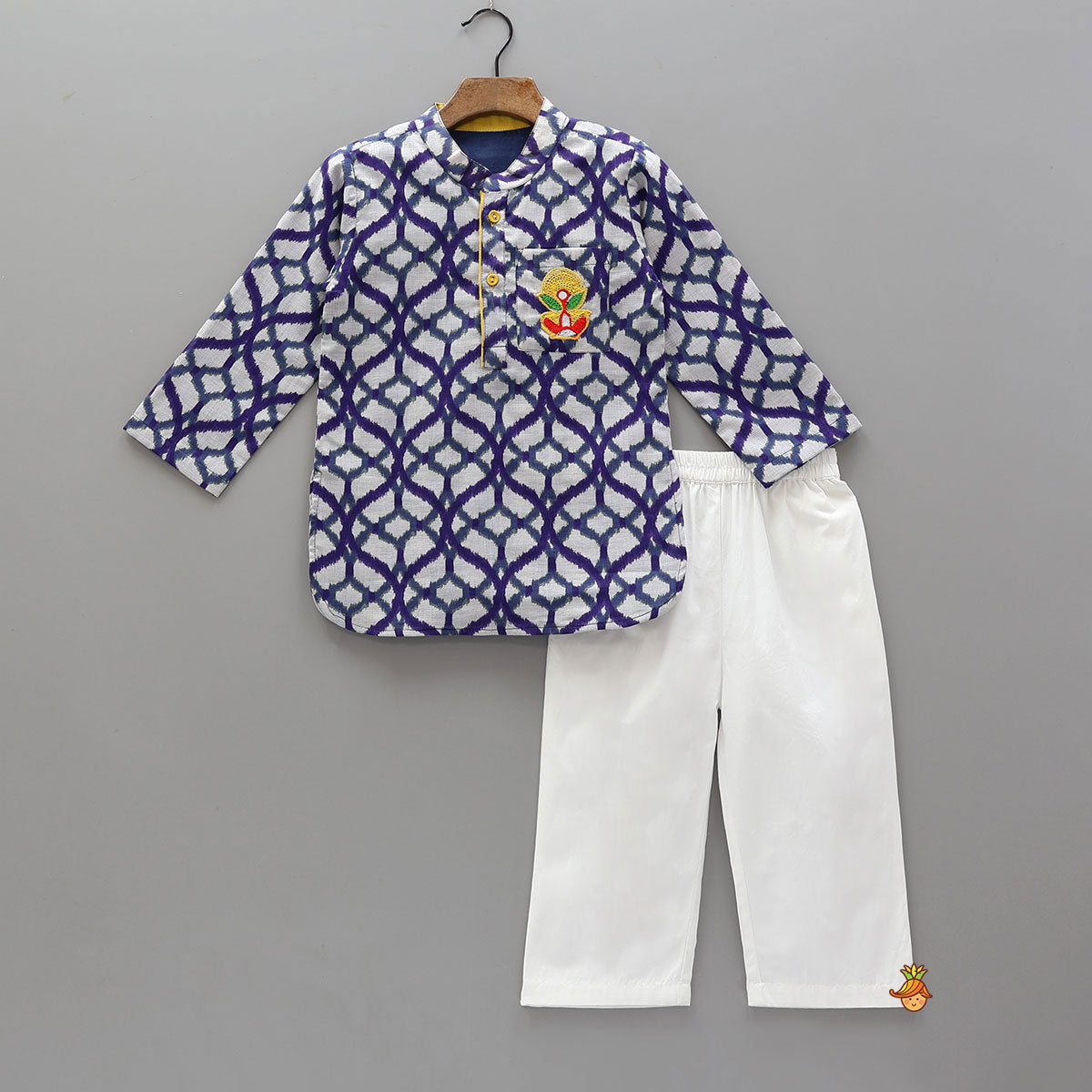 Lotus Embroidered Ikat Inspired Print Kurta With Pyjama