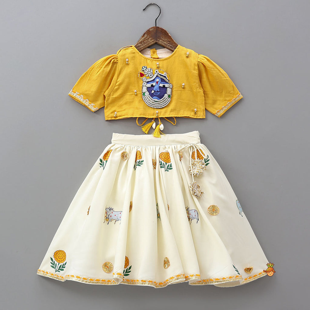 Pre Order: Shree Ji Embroidered Top And Cow Printed Lehenga With Dupatta