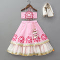 Pre Order: Lotus Motif Halter Top With Tiered Flared Lehenga And Dupatta