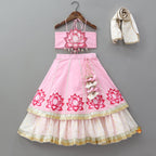 Pre Order: Lotus Motif Halter Top With Tiered Flared Lehenga And Dupatta