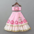Pre Order: Lotus Motif Halter Top With Tiered Flared Lehenga And Dupatta