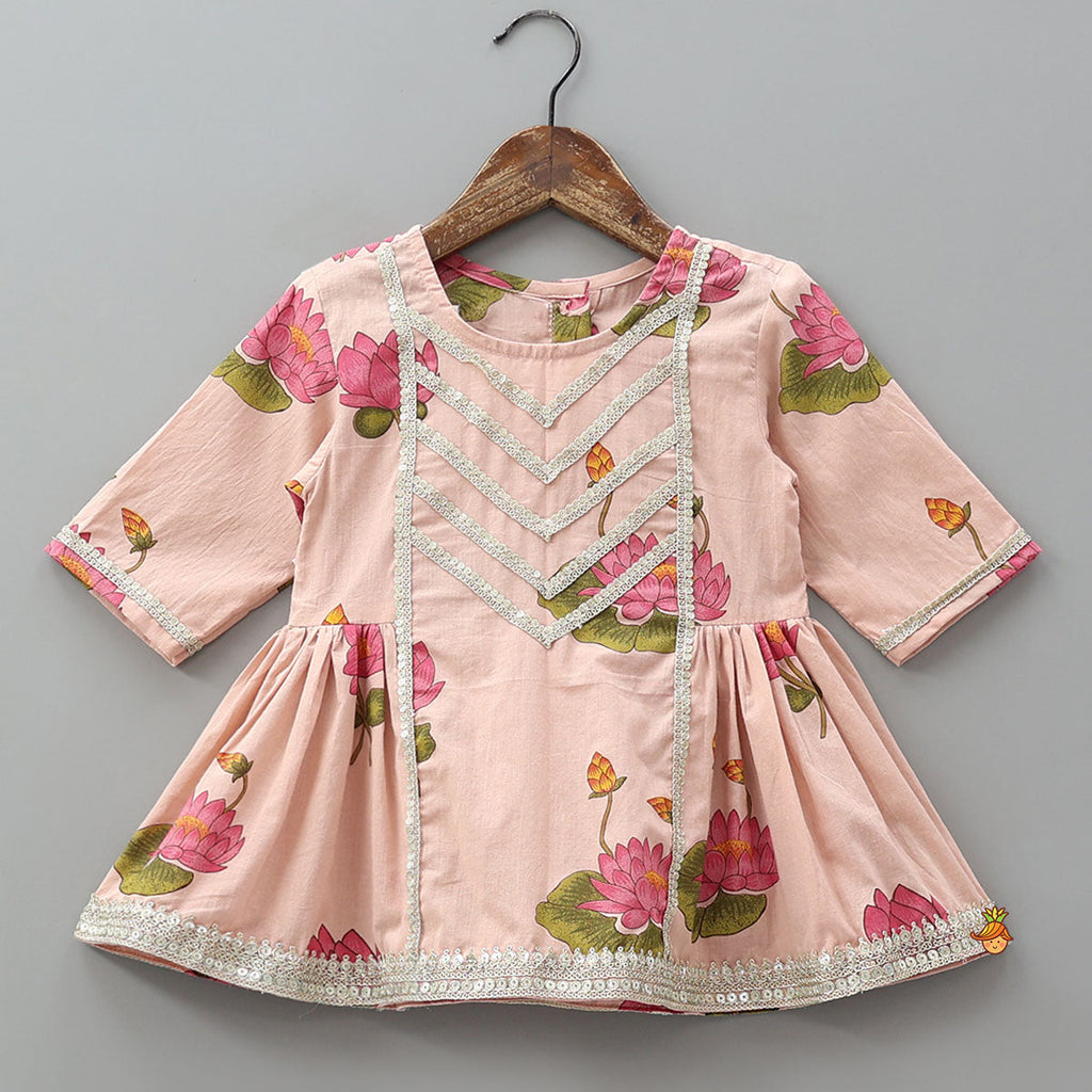 Pre Order: Floral Printed Side Pleated Kurti With Palazzo