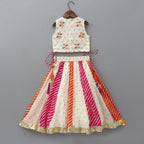 Pre Order: Mirror Work Crop Top And Leheriya Printed Lehenga With Stylish Dupatta