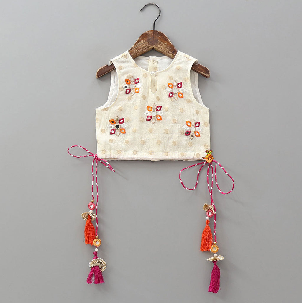 Pre Order: Mirror Work Crop Top And Leheriya Printed Lehenga With Stylish Dupatta
