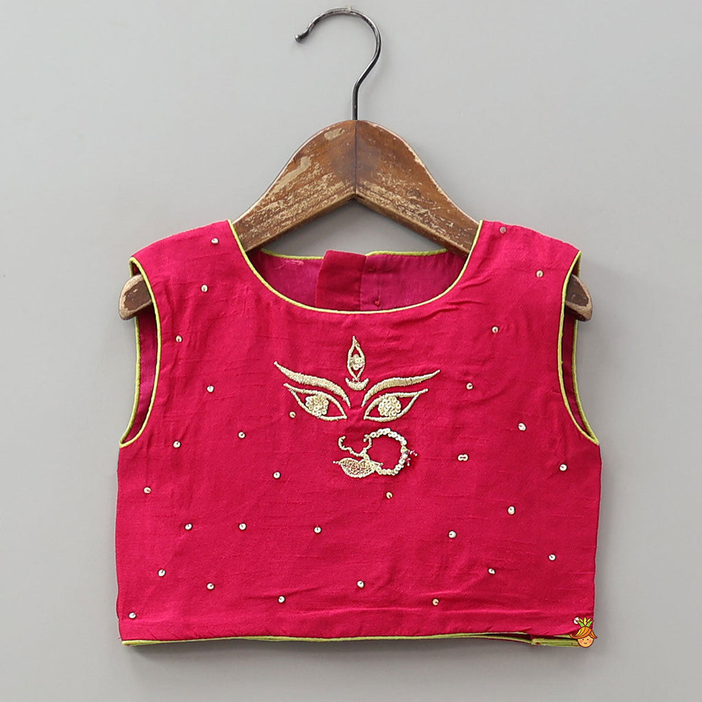 Pre Order: Goddess Durga Embroidered Top And Contrasting Tassel Detail Lehenga With Dupatta