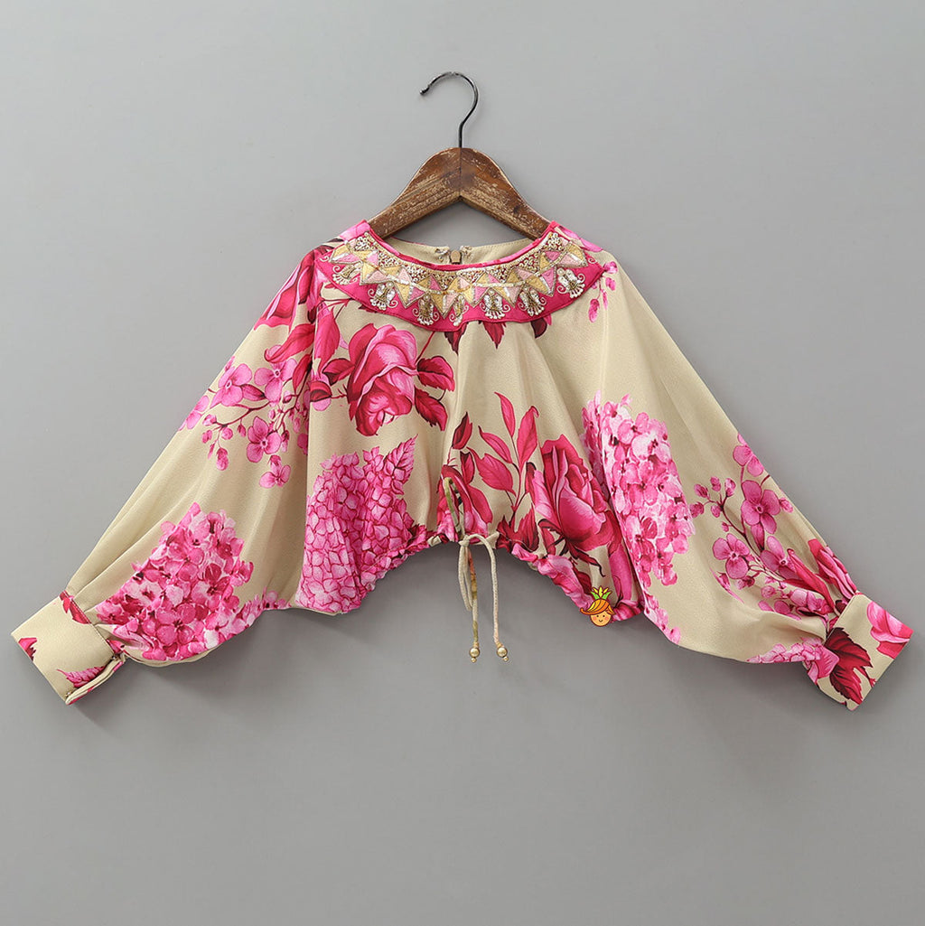 Stylish Sleeved Crop Top And Floral Printed Lehenga