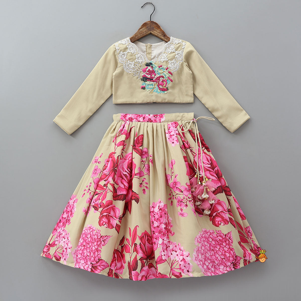 Embroidered Yoke Crop Top And Floral Printed Lehenga