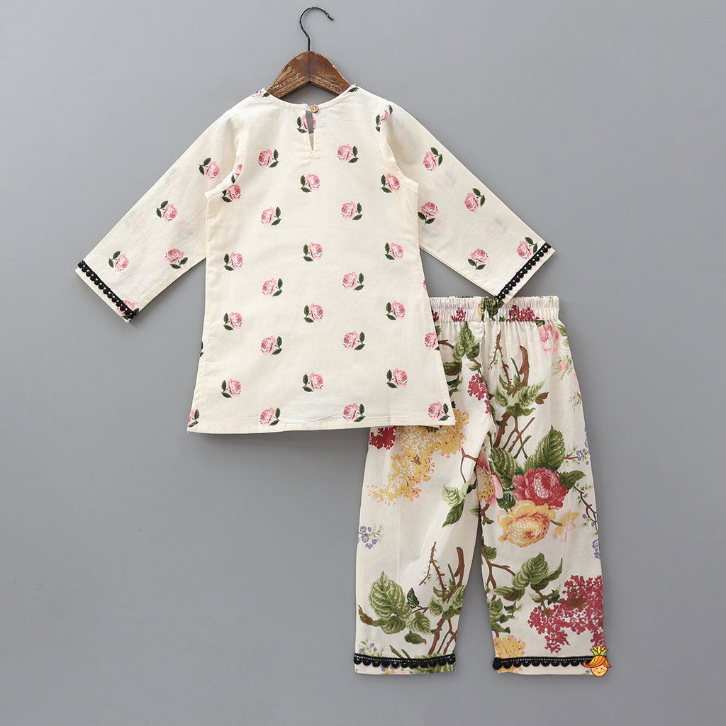Pre Order: Hand Block Floral Printed Lace Work Kurti And Pant