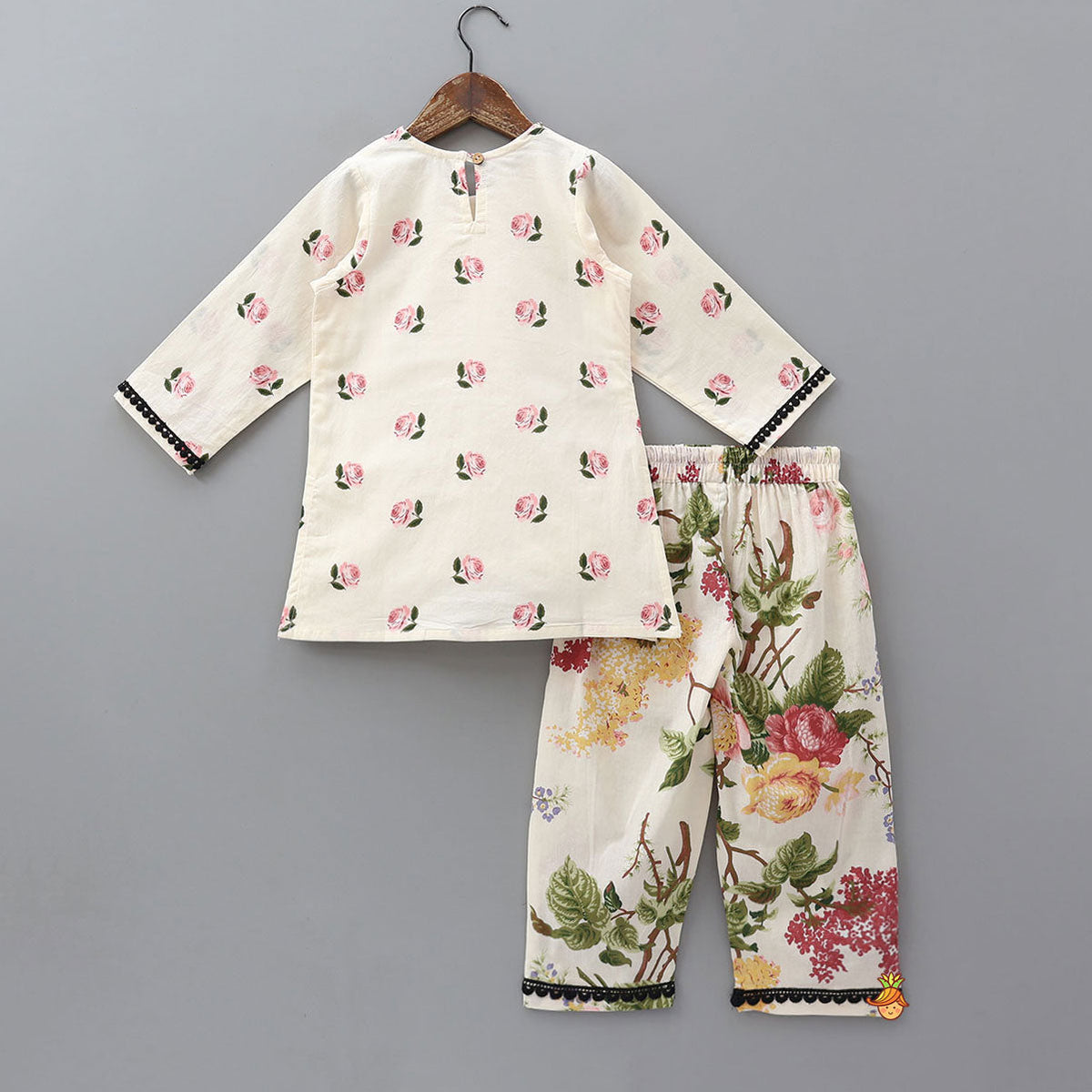 Pre Order: Hand Block Floral Printed Lace Work Kurti And Pant