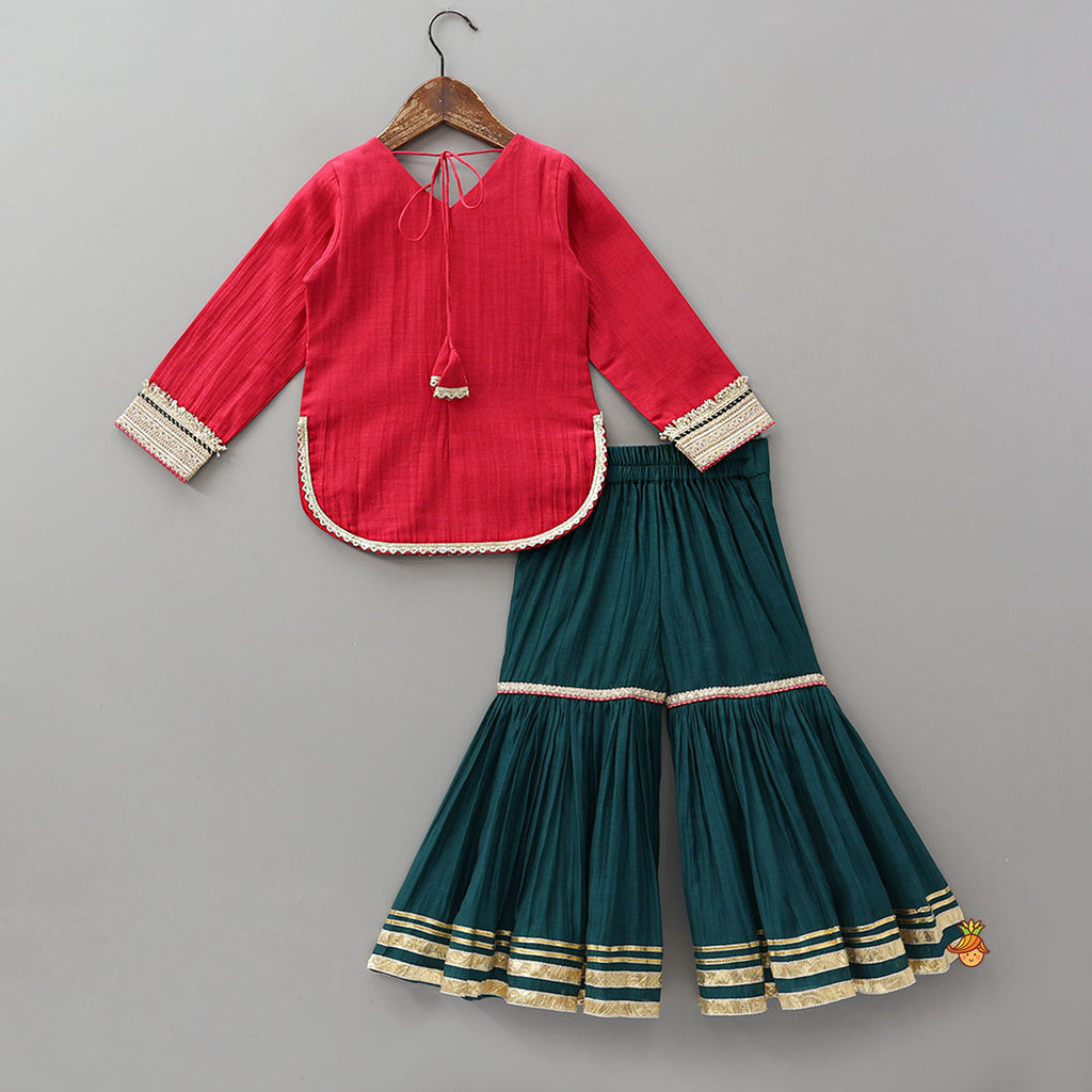 Pre Order: Lace Detailed Curved Hem Kurti And Sharara With Dupatta