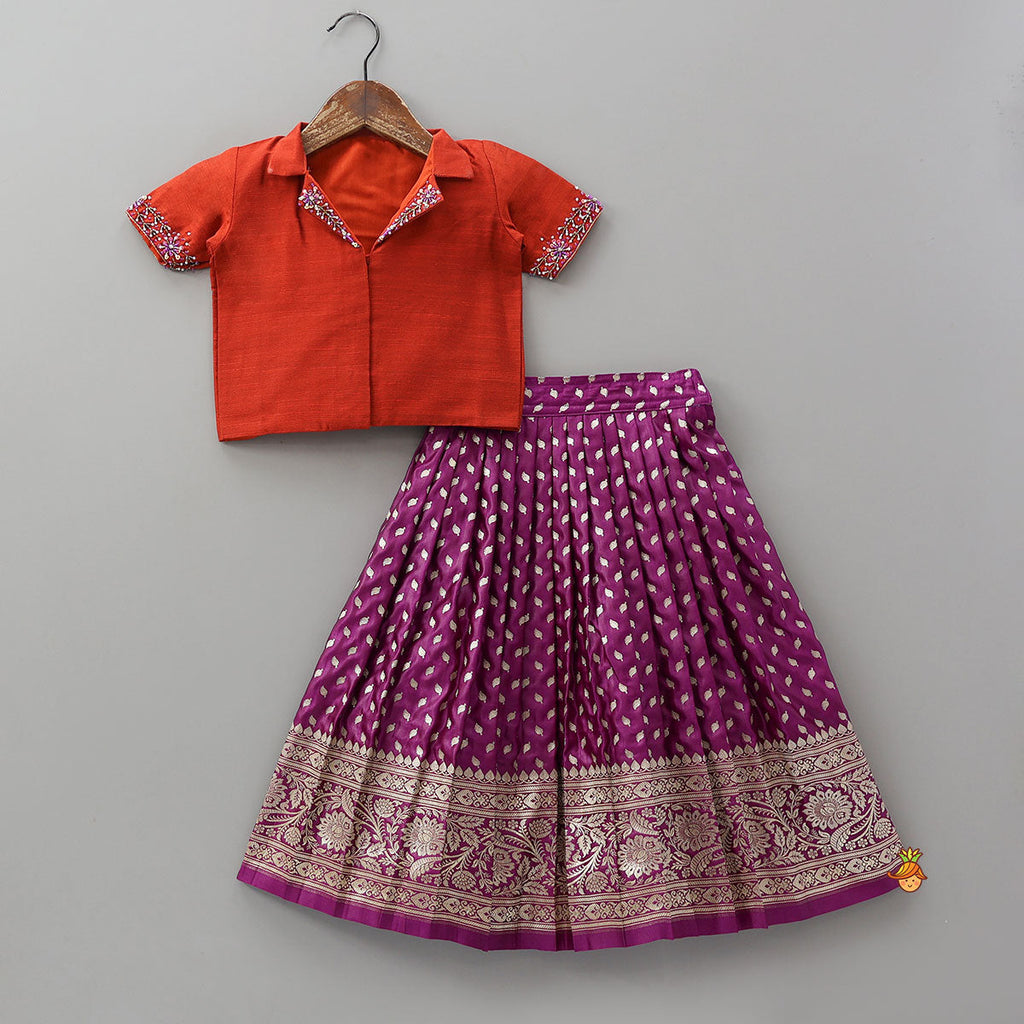 Pre Order: Stunning Embroidered Crop Top And Brocade Lehenga