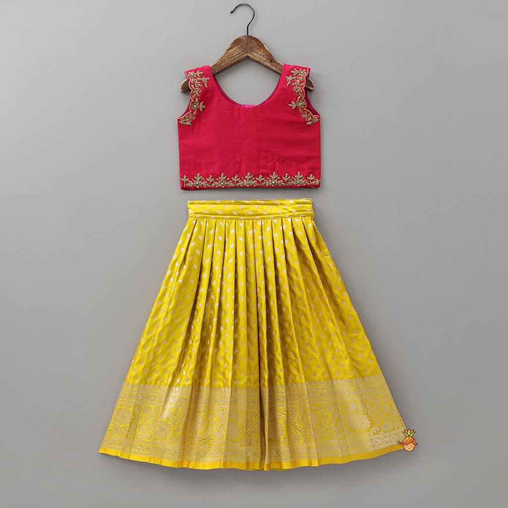 Pre Order: Embroidered Crop Top And Brocade Lehenga