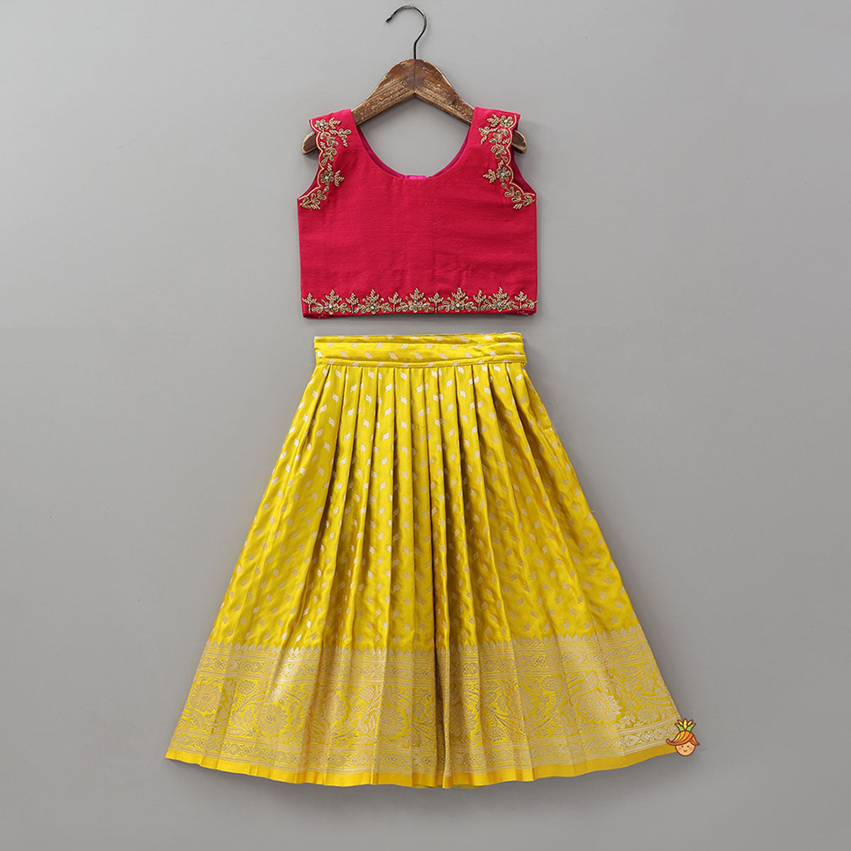 Pre Order: Embroidered Crop Top And Brocade Lehenga