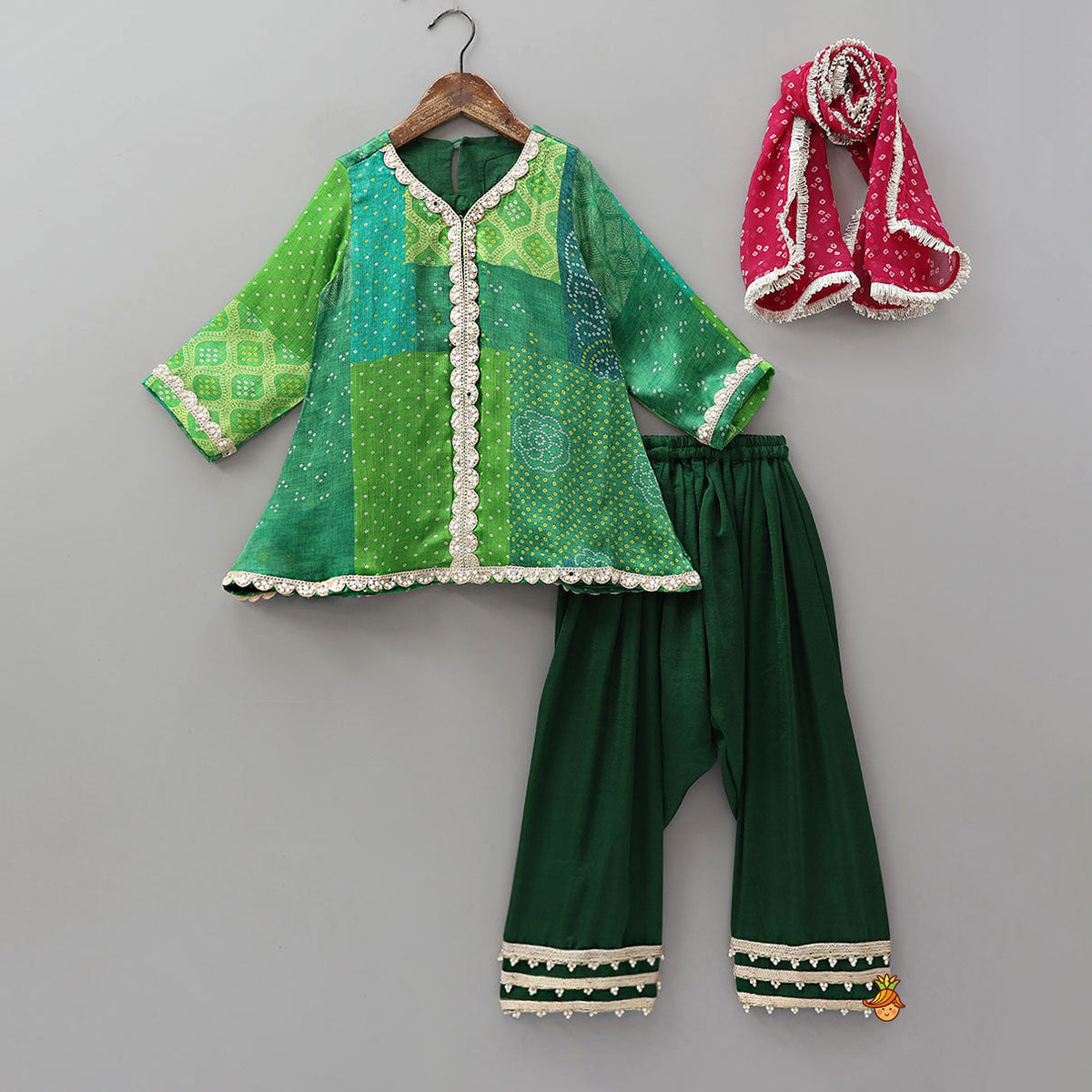 Pre Order: Festive Bandhani Printed Kurti And Salwar With Contrasting Dupatta