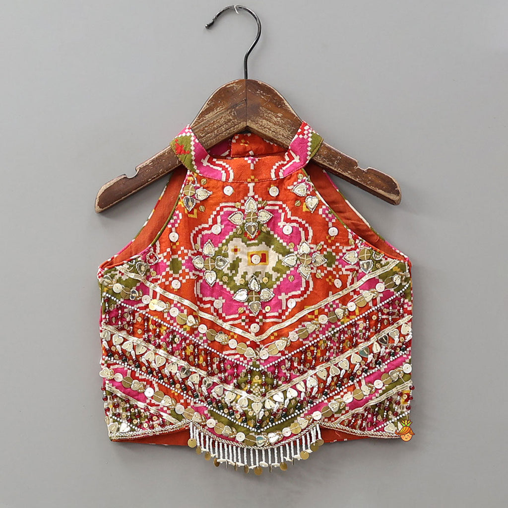Pre Order: Halter Neck Heavily Embroidered Top And Lehenga With Dupatta And Potli Bag