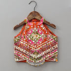 Pre Order: Halter Neck Heavily Embroidered Top And Lehenga With Dupatta And Potli Bag