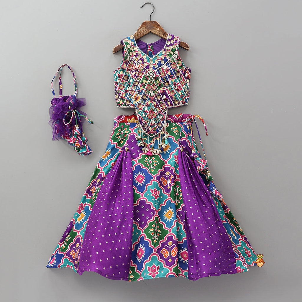 Pre Order: Heavily Embroidered Colourful Top And Lehenga With Potli Bag