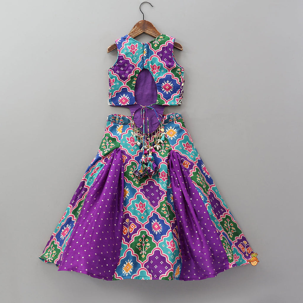 Pre Order: Heavily Embroidered Colourful Top And Lehenga With Potli Bag