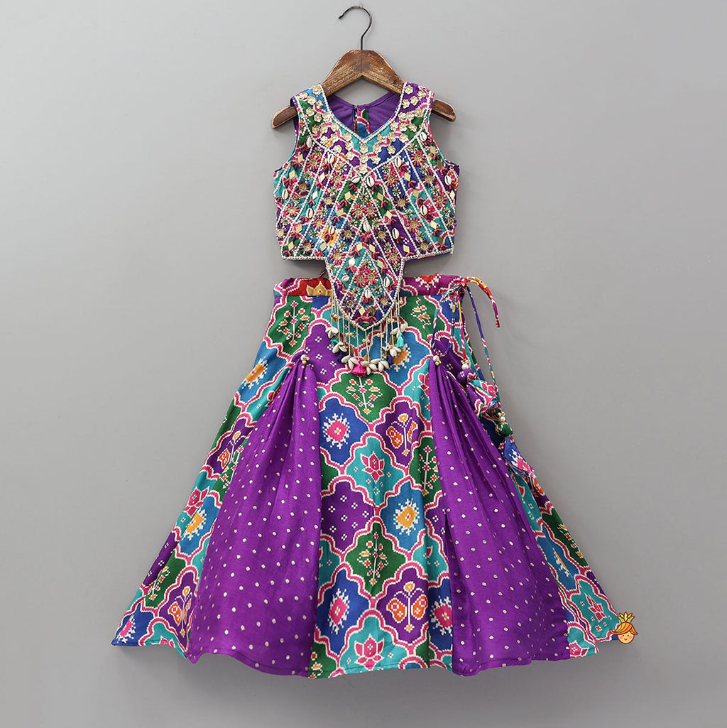 Pre Order: Heavily Embroidered Colourful Top And Lehenga With Potli Bag