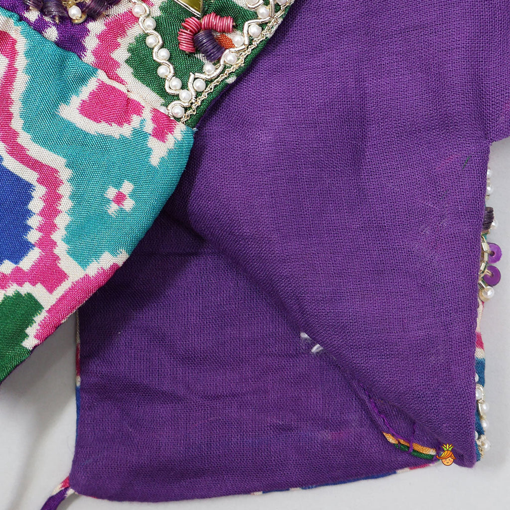 Pre Order: Heavily Embroidered Colourful Top And Lehenga With Potli Bag